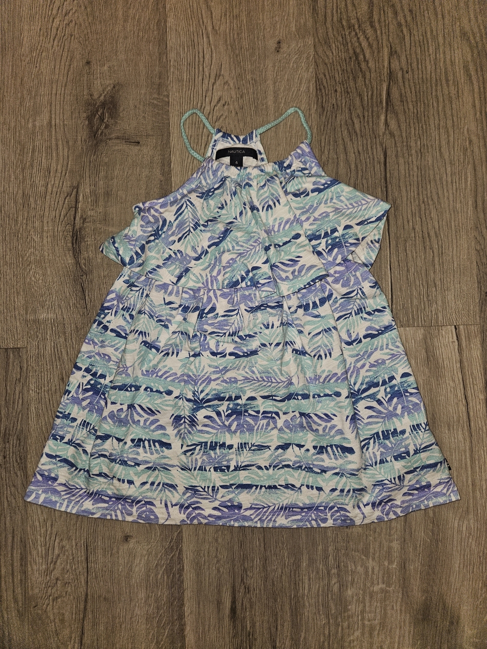 Nautica Girls' Blue and Mint Leaf-Print Ruffle Halter Dress